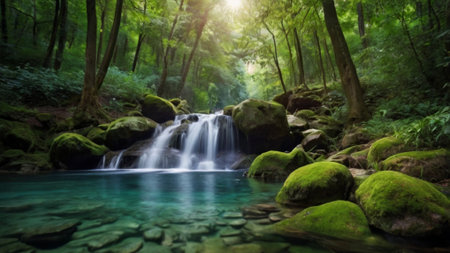 Waterfall in deep forest of Erawan National Park, Kanchanaburi, Thailandの写真素材