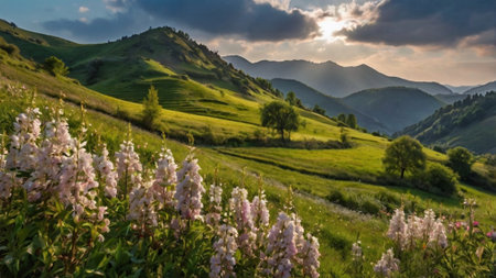 Panoramic view of the Carpathian mountains at sunset.の写真素材