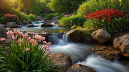 Beautiful flower garden with a waterfall in the morning. Spring landscape.の写真素材