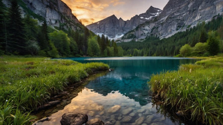 Beautiful alpine lake in the Dolomites, Italy.の写真素材