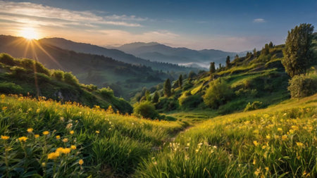 Mountain meadow at sunset. Beautiful summer landscape. Carpathian, Ukraine, Europe.の写真素材