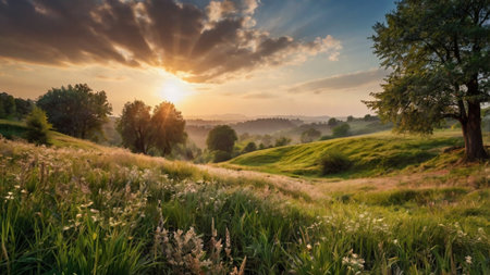 Sunset over the meadow in the summer. Landscape.の写真素材