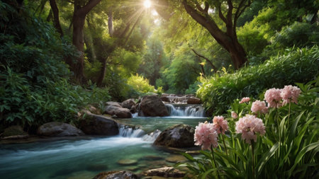 Beautiful waterfall in the park with blooming pink flowers and green leavesの写真素材