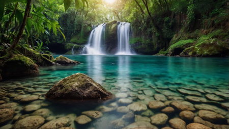 Waterfall in deep forest at Erawan National Park, Kanchanaburi, Thailandの写真素材