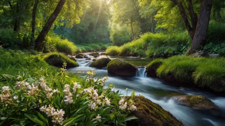 Beautiful summer landscape with a small river in the middle of the forestの写真素材