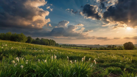 Sunset over the meadow with wildflowers, panoramaの写真素材