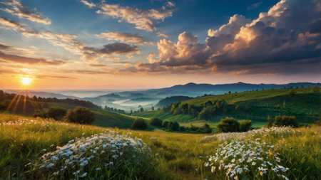 Panoramic view of the mountain meadow with daisies at sunsetの写真素材