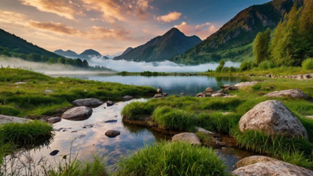 Mountain lake in the morning. Beautiful summer landscape in the mountains.の写真素材