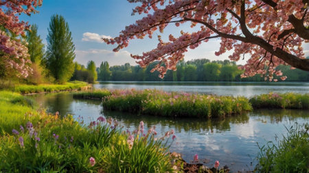 cherry blossom on the river bank, spring landscape with flowersの写真素材
