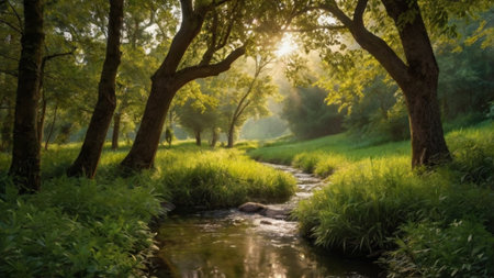 River in the forest at sunset. Beautiful natural landscape with river.の写真素材