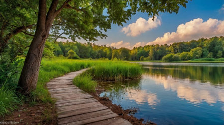 Wooden path on the lake in the park. Beautiful summer landscape.の写真素材