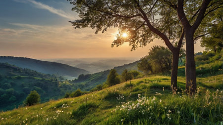 Sunset in the summer mountains. Beautiful landscape with green meadow and trees.の写真素材