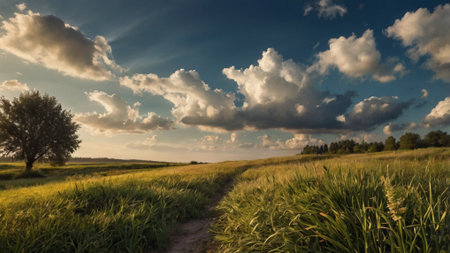 Sunset in the field. Panoramic view of the countryside.の写真素材