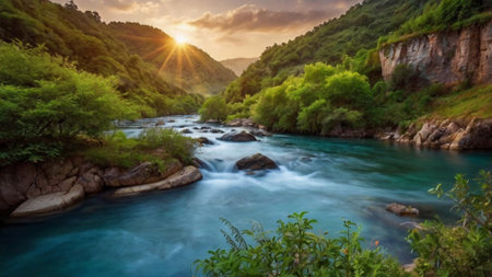 Panorama of the mountain river at sunset. Beautiful summer landscape with fast flowing water.の写真素材