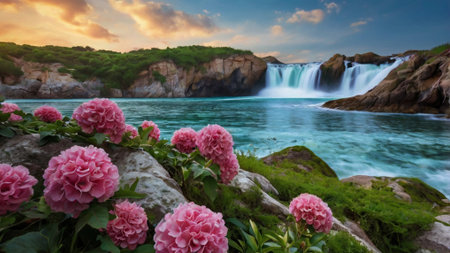 Beautiful waterfall with pink roses in the foreground.の写真素材