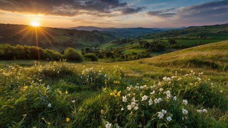 Panoramic view of beautiful sunset over the hills in the countrysideの写真素材