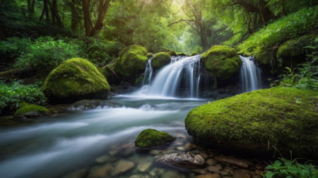 Beautiful waterfall in the rainforest with green moss, Thailand.の写真素材