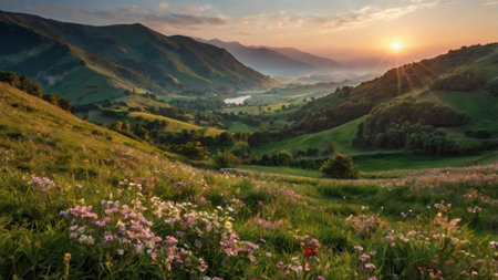Panoramic view of mountain meadow at sunset. Carpathian, Ukraineの写真素材