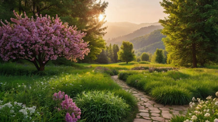 Beautiful spring landscape with blooming trees in the park at sunsetの写真素材