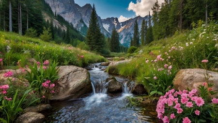 Panoramic view of a mountain stream.の写真素材