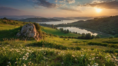 Panoramic view of the river and mountains at sunset. Beautiful summer landscape.の写真素材