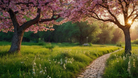 Cherry blossoms in the park at sunset. Spring landscape.の写真素材