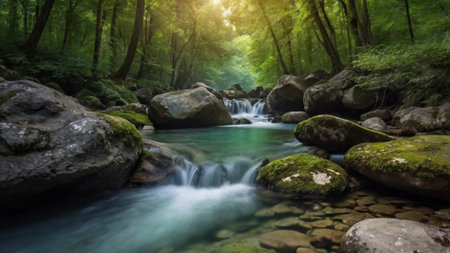 Waterfall in deep forest at summertime. Nature landscape background.の写真素材