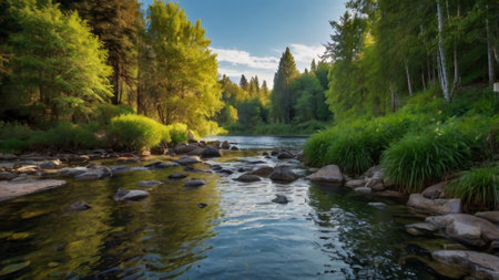Beautiful landscape with river and forest in sunny day.の写真素材