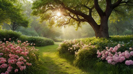 Beautiful spring landscape with blooming flowers and trees in the parkの写真素材