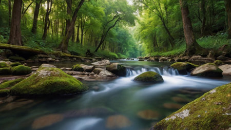 Long exposure of the mountain river flowing through the green forest in springtimeの写真素材