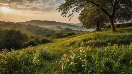 Landscape with meadow and tree in the morning light. Tuscany, Italyの写真素材