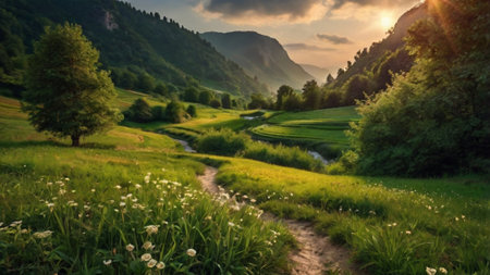 Beautiful summer landscape with green meadow and mountains in the backgroundの写真素材