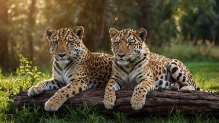 Two leopards (Panthera pardus) resting on a logの写真素材