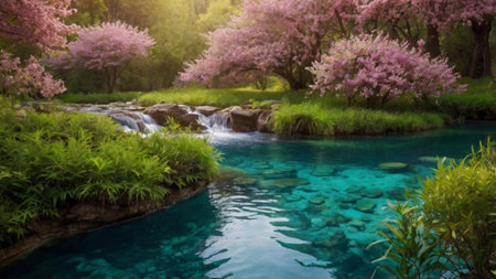 Cherry blossoms and waterfalls in the park. Spring season.の写真素材