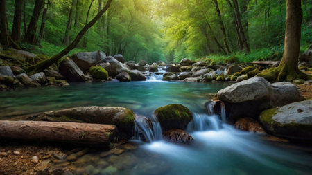 Mountain stream in the forest. Long exposure. Beautiful nature scene.の写真素材