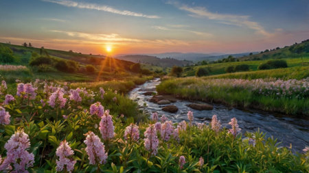 Sunset over the mountain river. Beautiful summer landscape with pink flowers.の写真素材