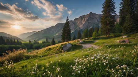 Panoramic view of the Dolomites mountains at sunset, Italyの写真素材