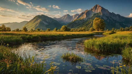 Beautiful mountain landscape with river and high peaks in the background.の写真素材