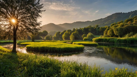 Landscape of rice field and river in the morning at sunset.の写真素材