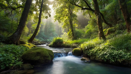 Beautiful river in the forest. Beautiful nature landscape in the morningの写真素材