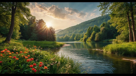 Beautiful summer landscape with river and green forest. Panoramic viewの写真素材
