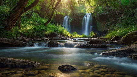 Waterfall in the deep forest of thailand, long exposure shotの写真素材