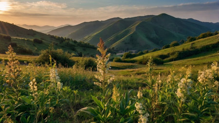 Sunset in the mountains. Landscape with green hills and grass.の写真素材