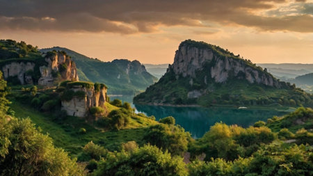panoramic view of the mountain lake in the morningの写真素材