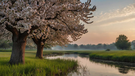 Cherry blossoms in full bloom in the countryside of the Netherlandsの写真素材