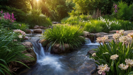 Beautiful spring garden with small waterfall and blooming flowers in sunlight.の写真素材