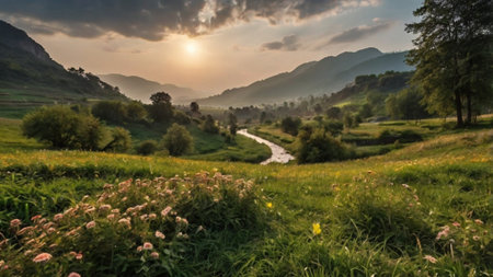 Beautiful summer landscape with a small river and mountains in the backgroundの写真素材