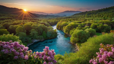Beautiful landscape with azalea river at sunset in Crimea, Ukraineの写真素材