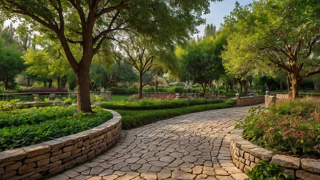 Stone pathway in the park. Beautiful landscaping in the park.の写真素材