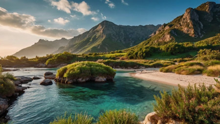 Panoramic view of idyllic beach in the mountains.の写真素材